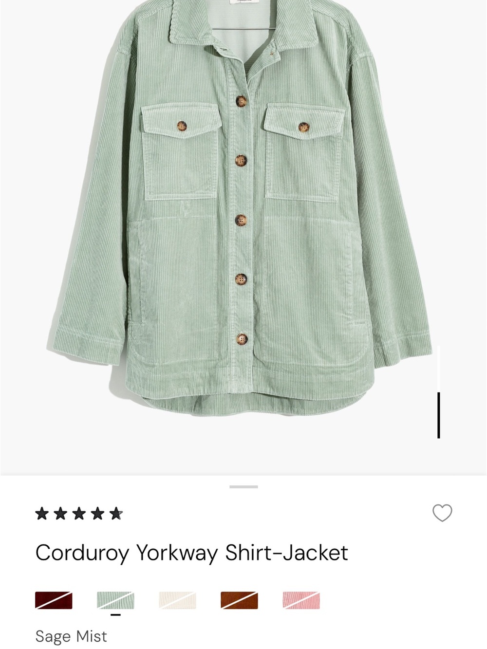 Madewell Corduroy Shirt Jacket in Sage Mist
